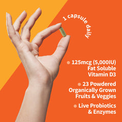 Garden of Life RAW D3 bottle label detail showing 625% DV per capsule