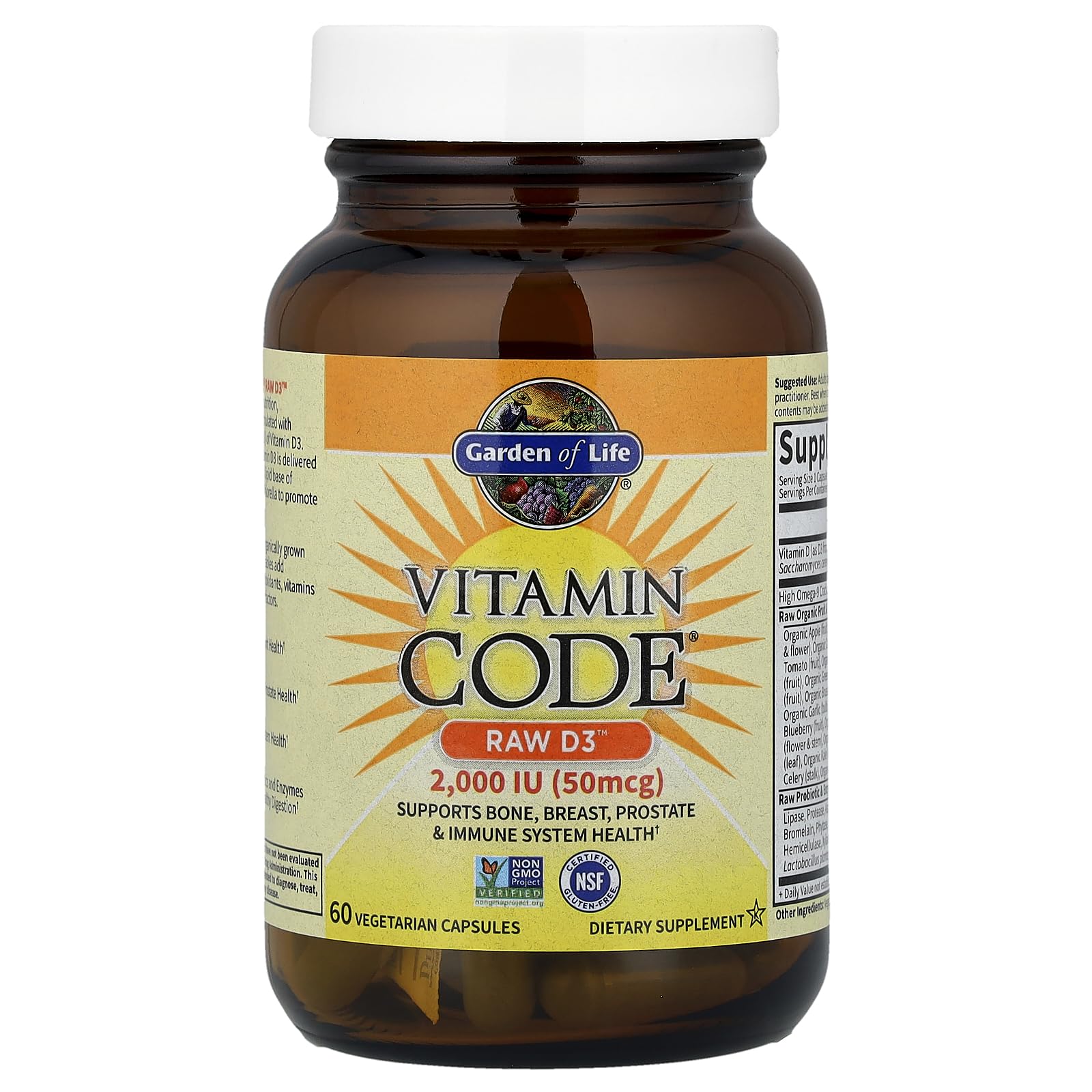 Garden of Life Raw D3 capsules closeup, showing portable daily vitamin D3 dosing.