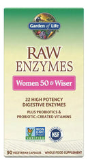 Raw Enzymes capsules close-up show gluten-free, non-GMO formula designed for women 50+.