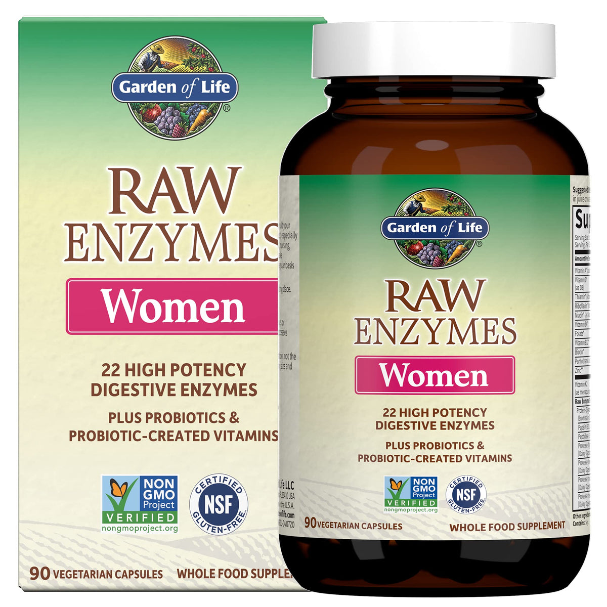 Garden of Life RAW Enzymes Women bottle close-up showing capsules for digestion support.
