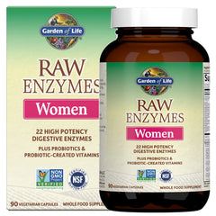 Garden of Life RAW Enzymes Women bottle close-up showing capsules for digestion support.