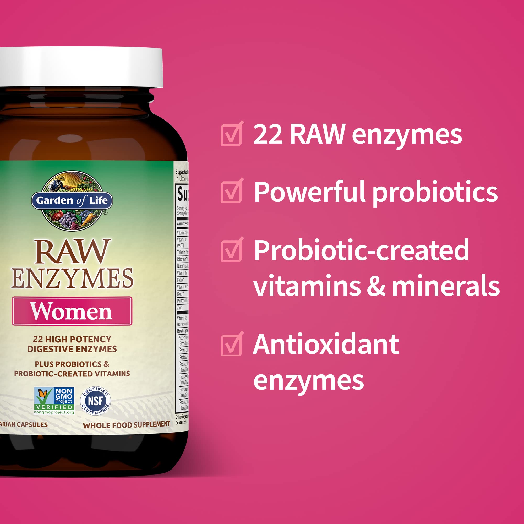 Garden of Life RAW Enzymes Women label detail showing 22 enzymes.