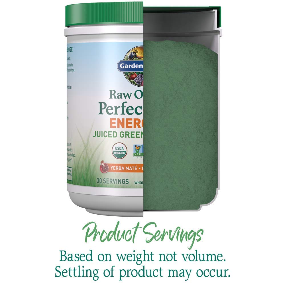 Garden of Life Energizer juiced green liquid highlighting raw greens and vitality