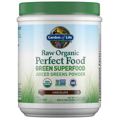 Garden of Life Raw Organic Perfect Food Green Superfood powder chocolate tub for daily greens.