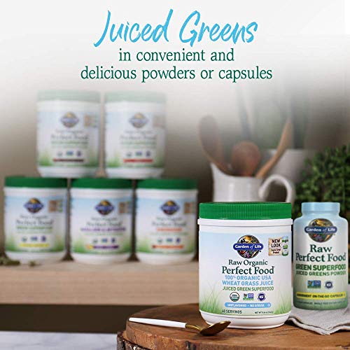 Organic USA wheat grass powder from Garden of Life in focus.