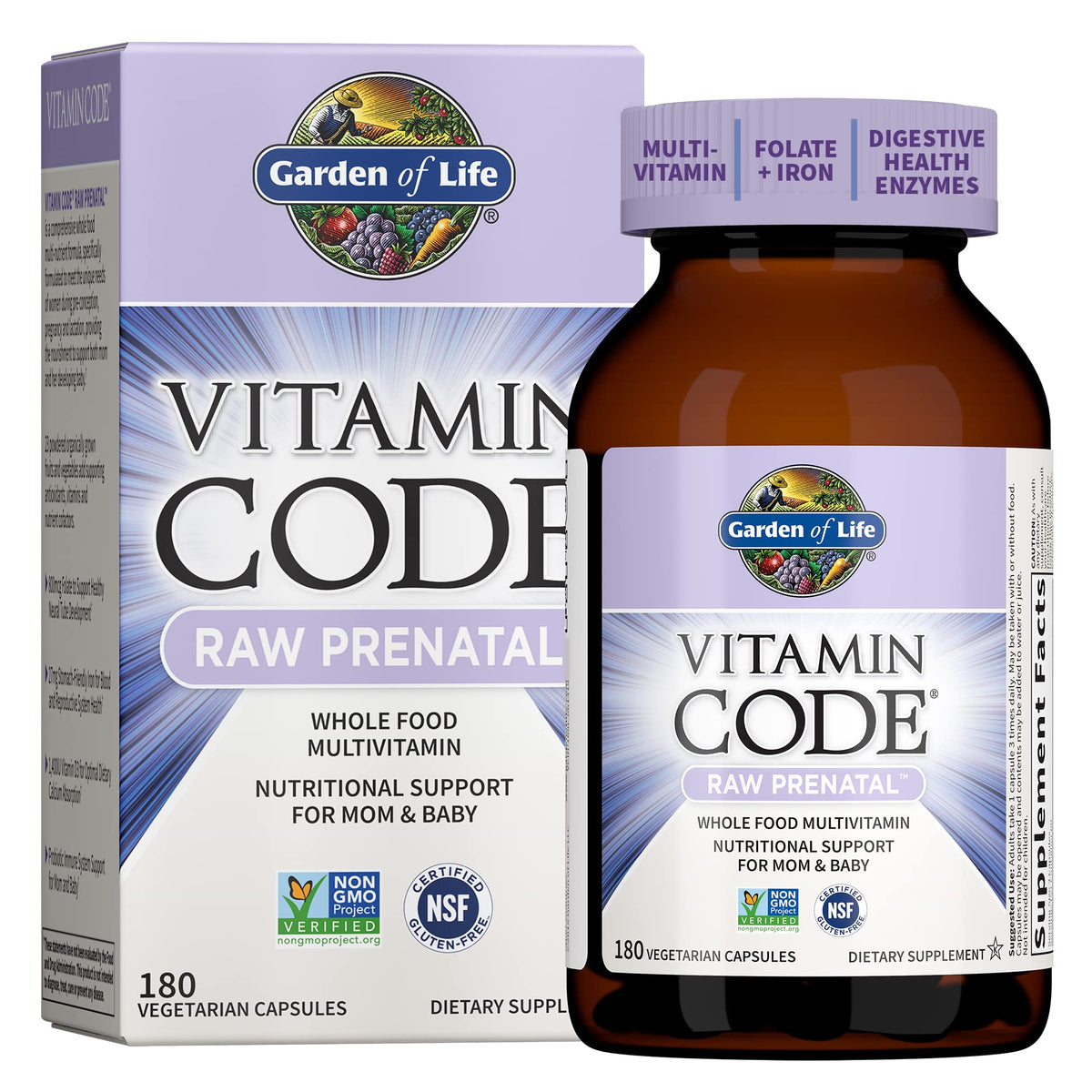 Garden of Life Vitamin Code RAW Prenatal bottle with whole-food nutrients for mom and baby support.