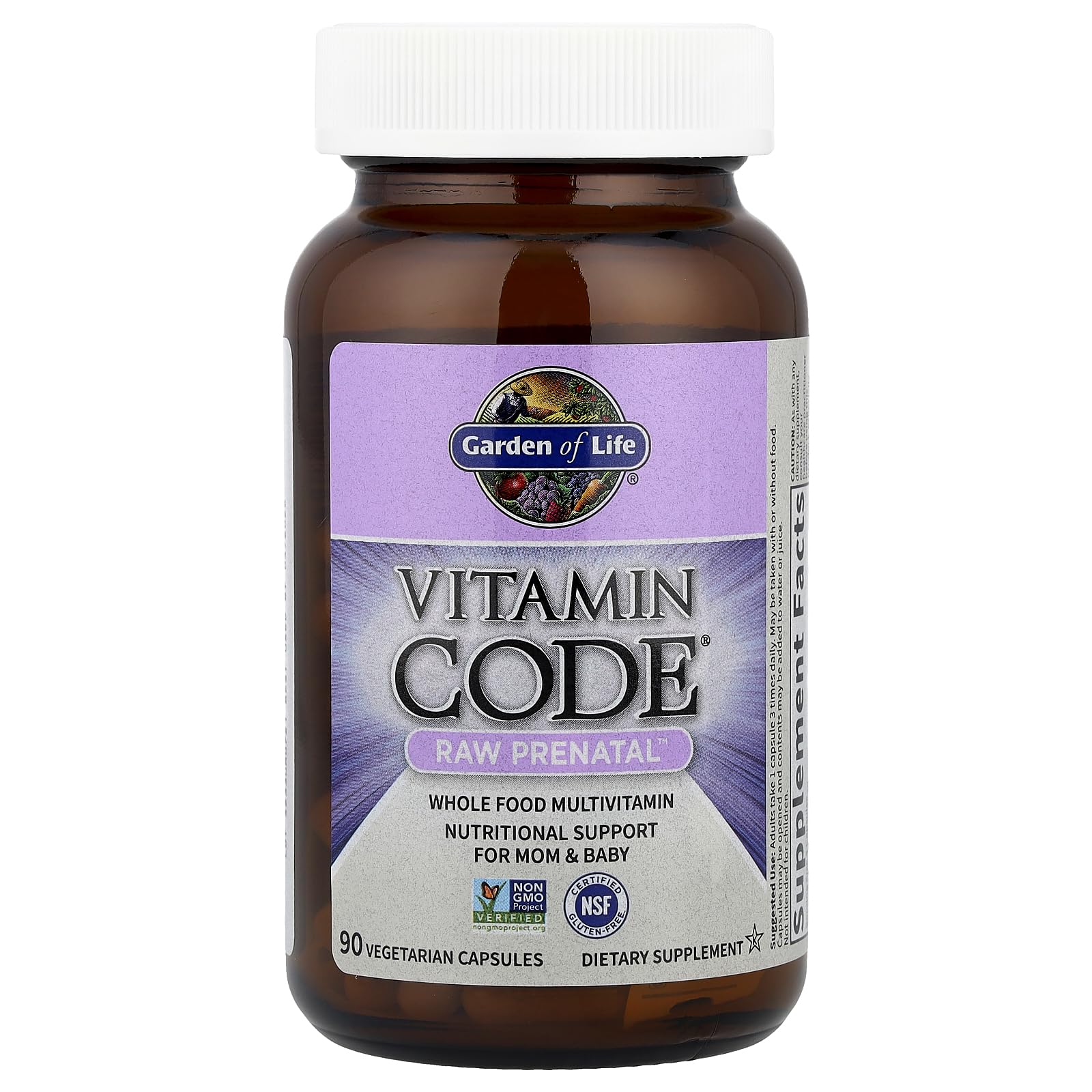 RAW Prenatal capsules shown in a bottle view emphasizing vegetarian, plant-based capsules