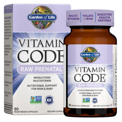 Garden of Life RAW Prenatal packaging highlighting whole-food ingredients for mom and baby