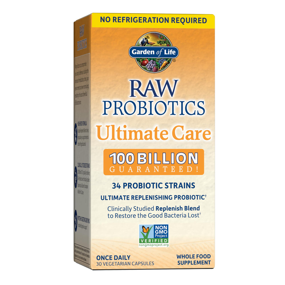 Garden of Life Raw Probiotics bottle showing 100 billion CFU capacity for daily support.
