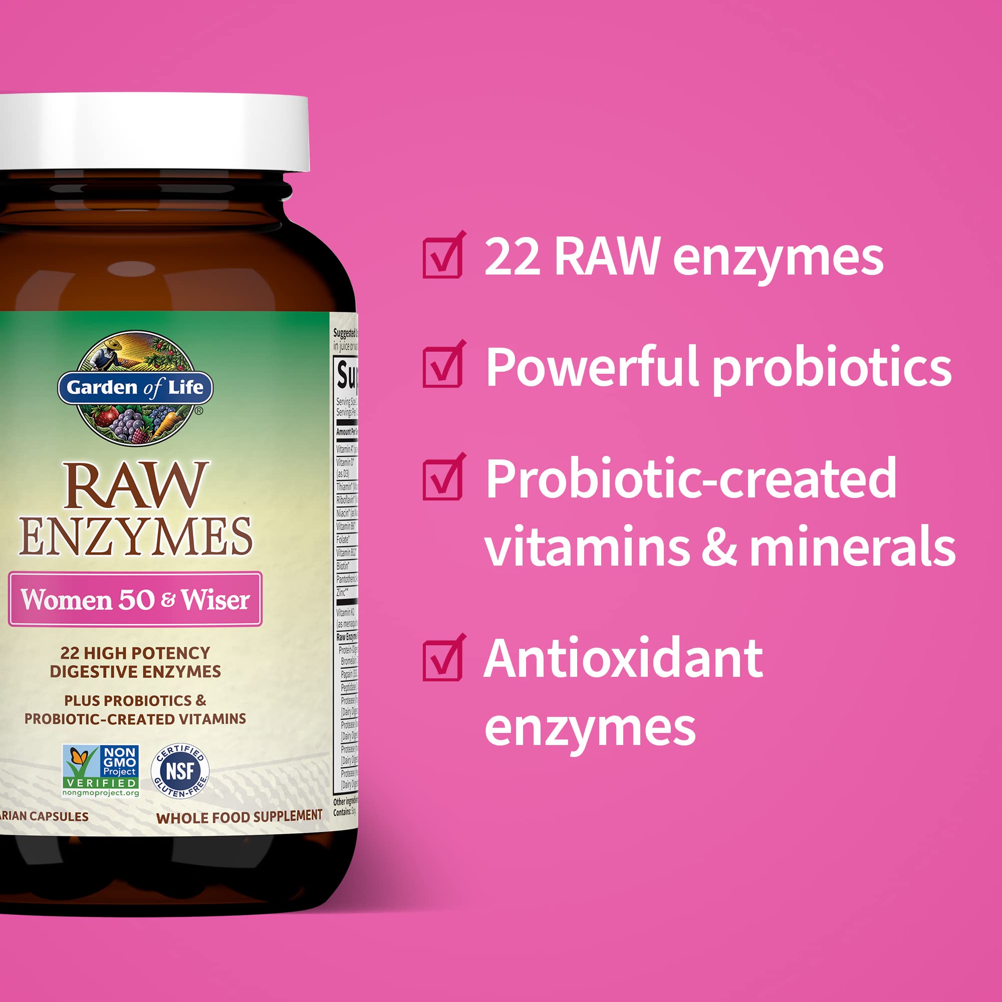 Raw Enzymes with probiotics close-up emphasizes immune-supporting vitamins and minerals.