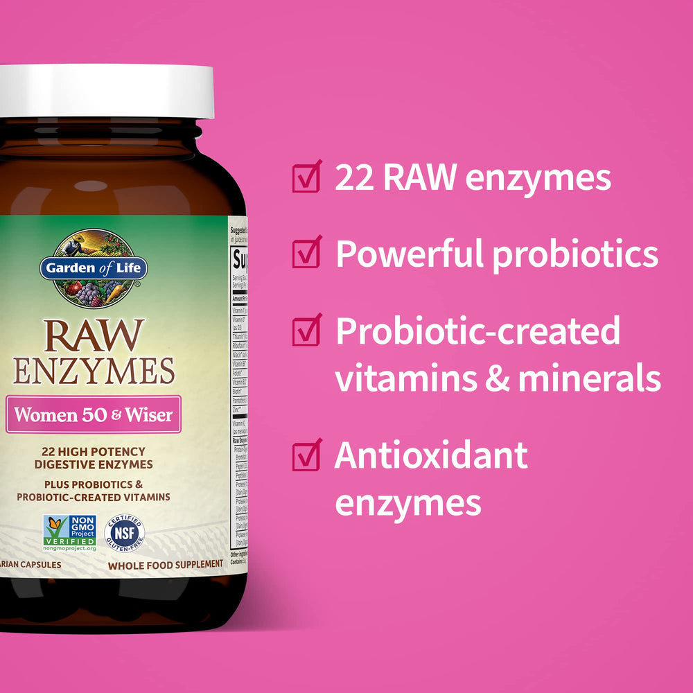 Raw Enzymes with probiotics close-up emphasizes immune-supporting vitamins and minerals.