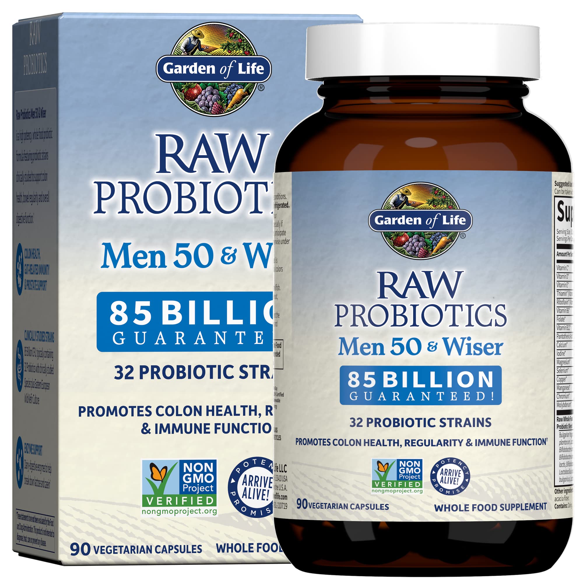 Garden of Life Raw Probiotics for Men Over 50 bottle front promotes gut balance