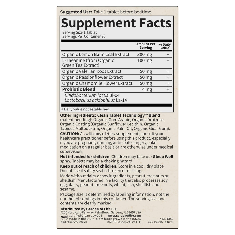 Garden of Life Sleep Well organic and non-GMO badges on packaging.