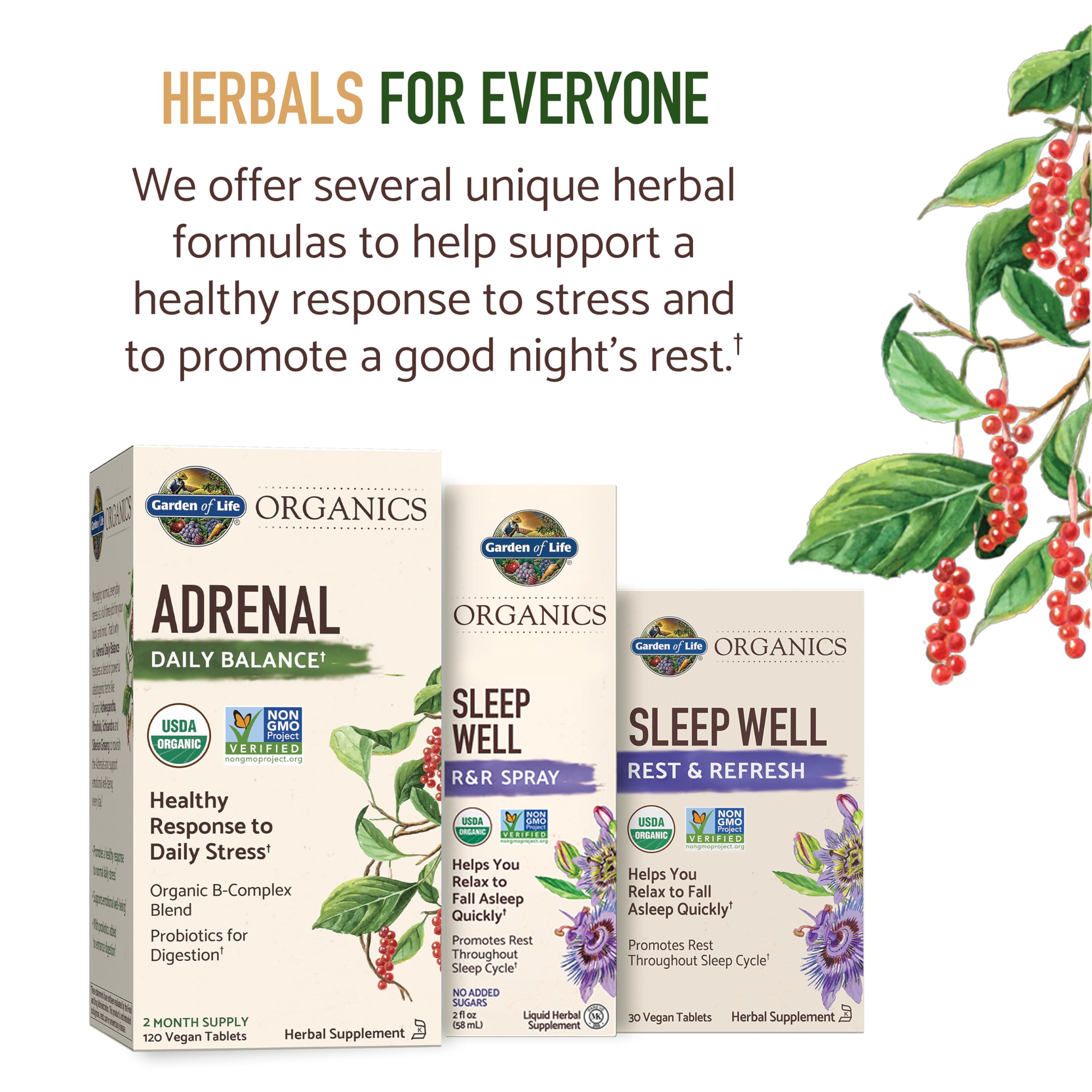 Garden of Life Sleep Well probiotics label emphasizes digestion support with herbs.