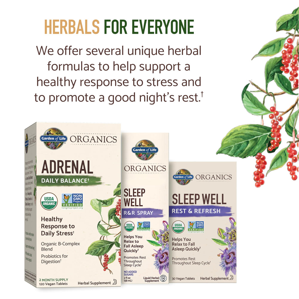 Garden of Life Sleep Well probiotics label emphasizes digestion support with herbs.