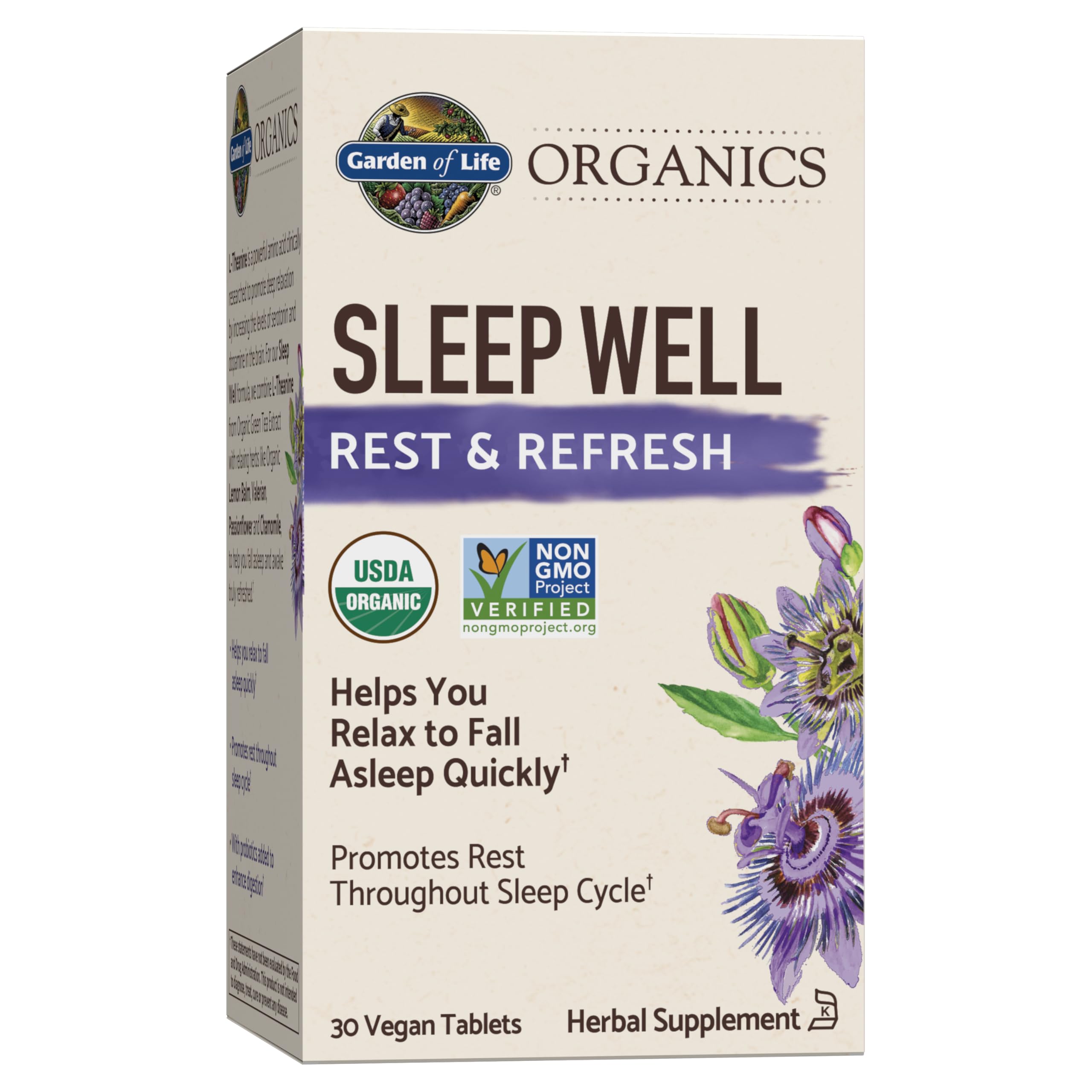 Garden of Life Sleep Well tablets pack front promotes restful relaxation at bedtime.