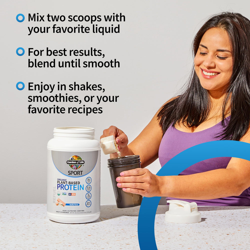 Garden of Life vanilla protein scoop beside powder canister for convenient measuring.