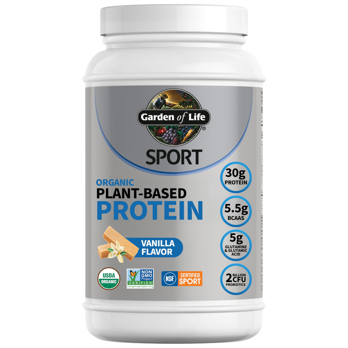 Garden of Life vanilla vegan protein powder tub with creamy texture for everyday shakes.