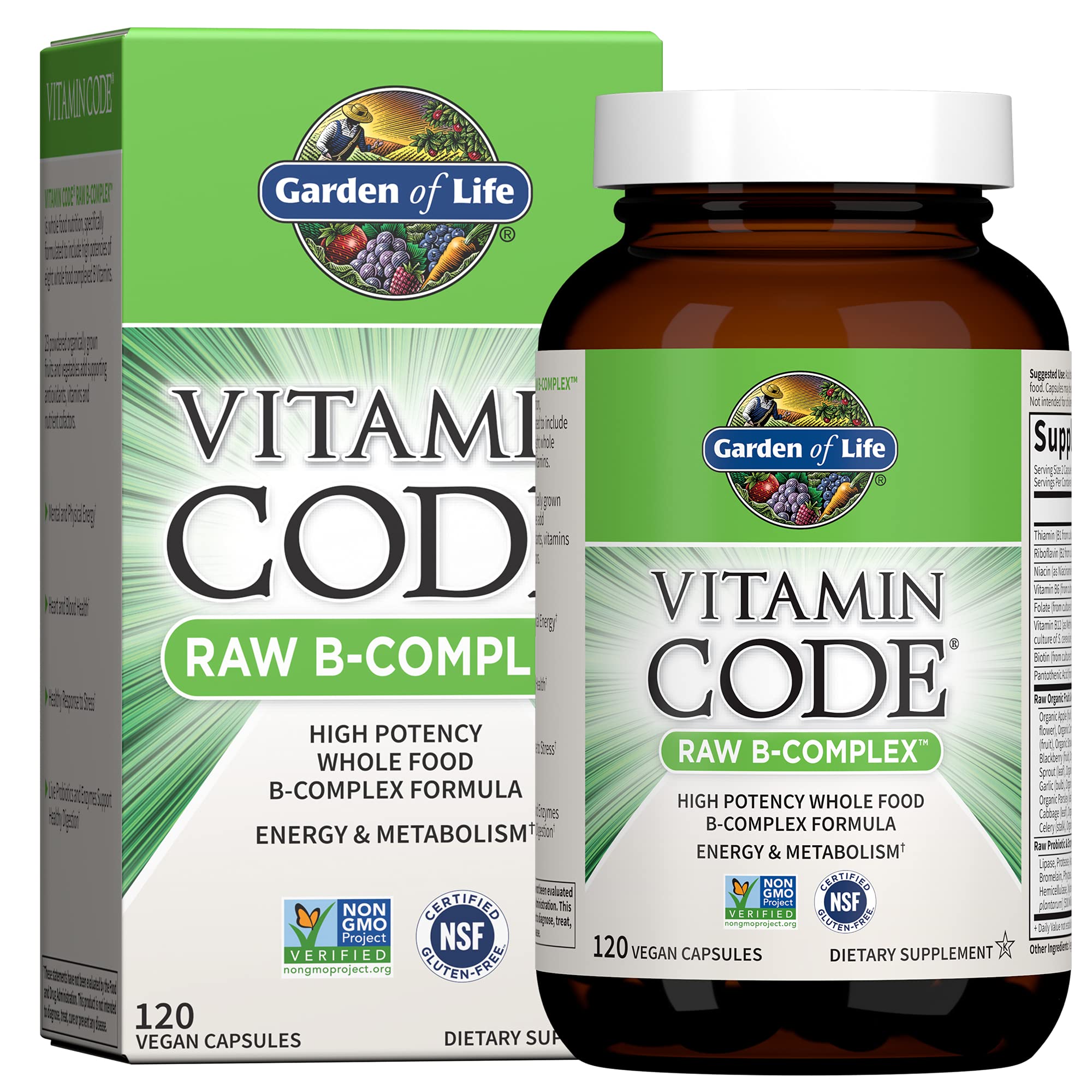 Garden of Life Vitamin B Complex bottle close-up highlighting energy support