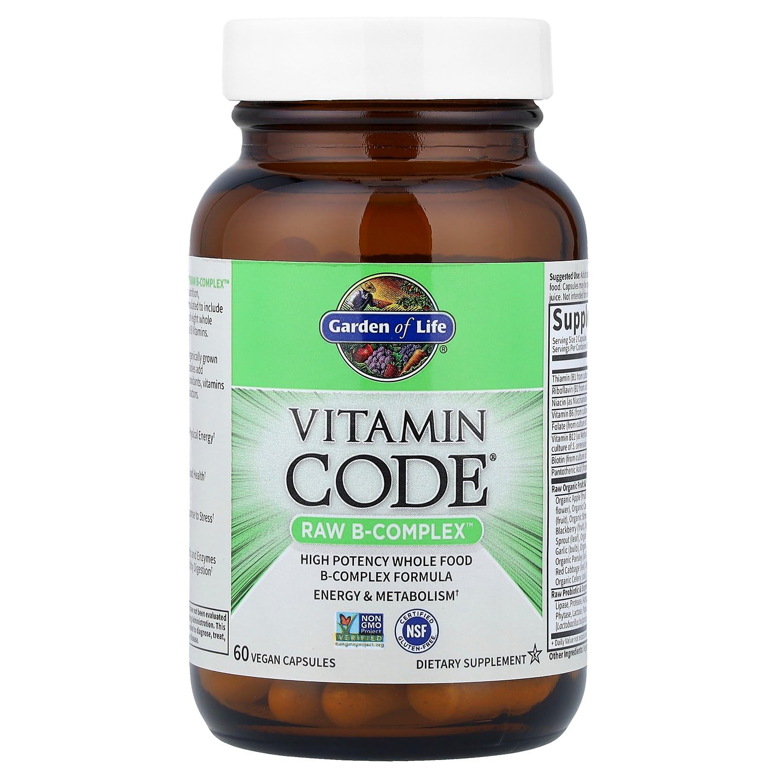 Label detail of Garden of Life Vitamin B Complex highlighting folate source.