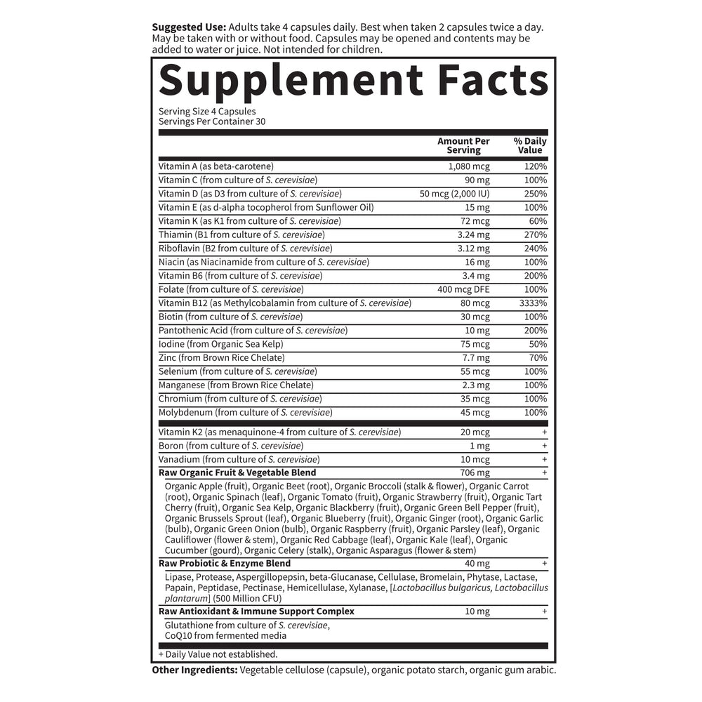 Garden of Life Vitamin Code 50 & Wiser Women non‑GMO, gluten‑free, kosher certification icons