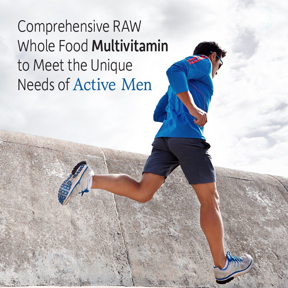 Vitamin Code Men bottle beside healthy meals for balanced wellness