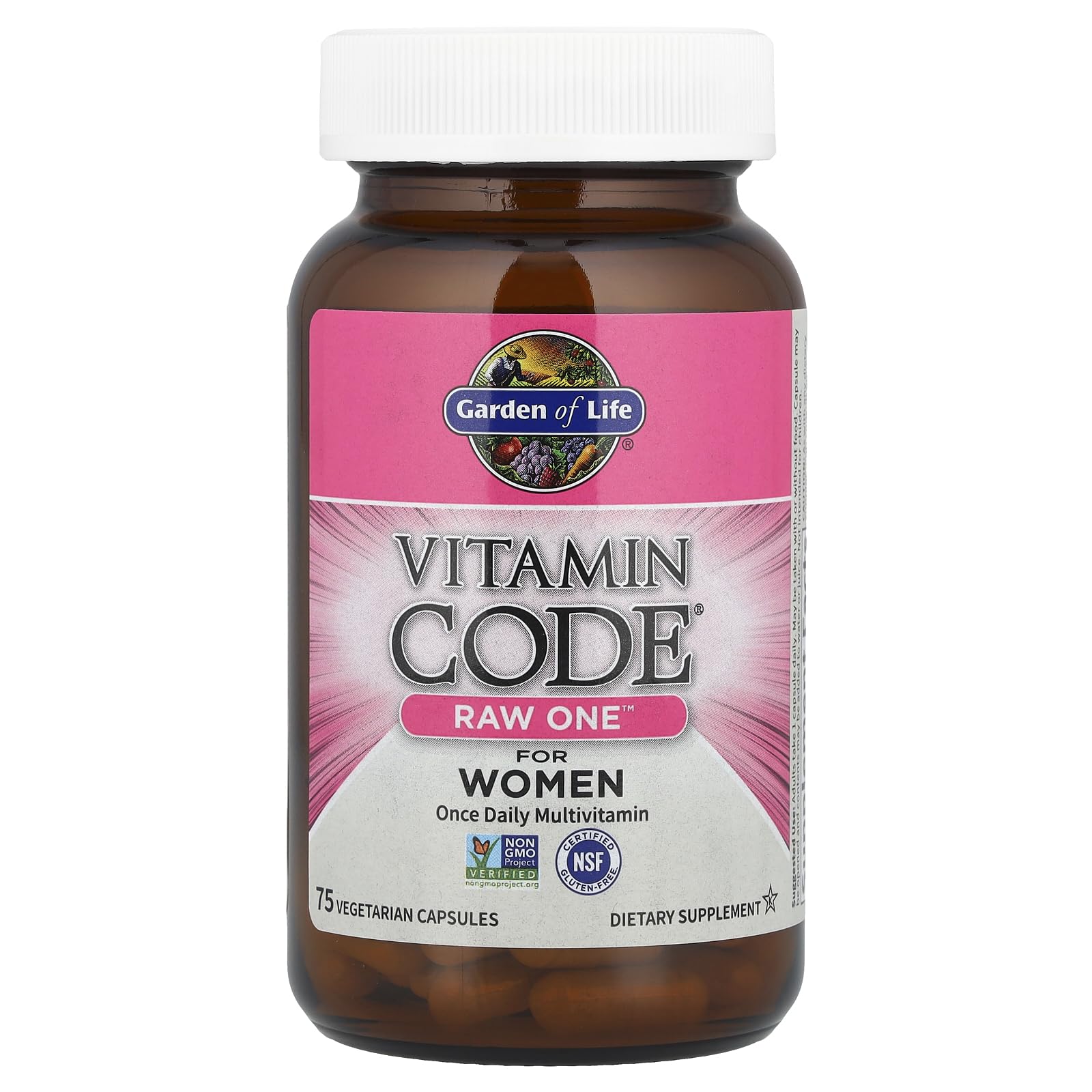 Certifications on Garden of Life Vitamin Code Raw One for Women label: non-GMO, gluten-free, kosher.