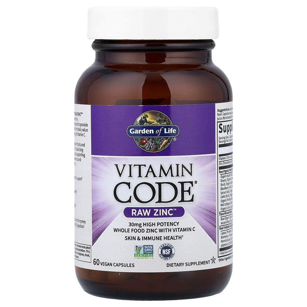 Zinc Code Garden of Life Vitamin Code Raw Zinc with Vitamin C – 30mg Zinc, 60mg ...