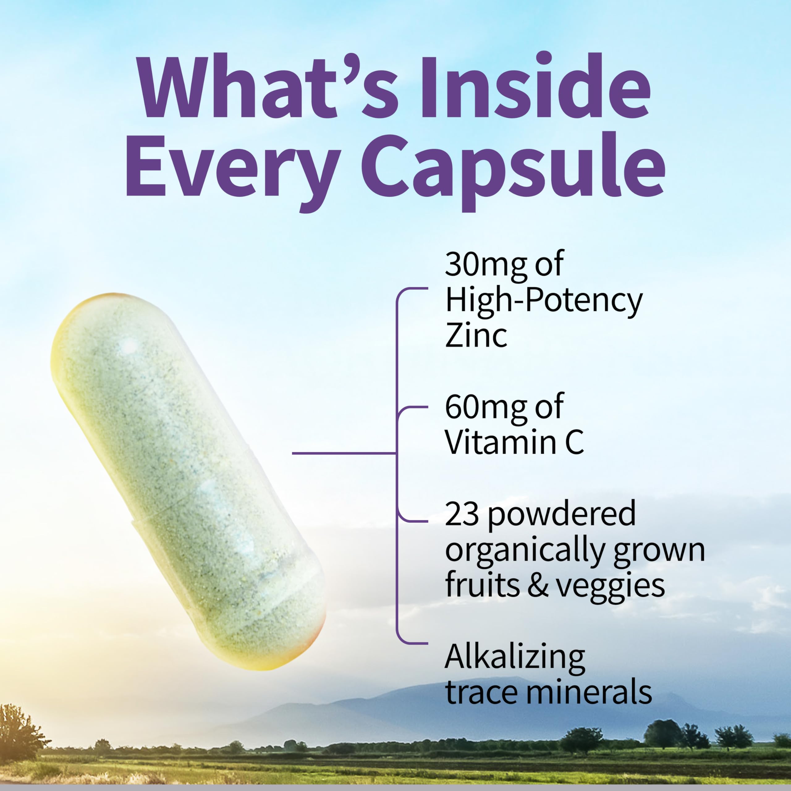 Opened bottle with zinc capsules poured into hand for daily dosing ease.