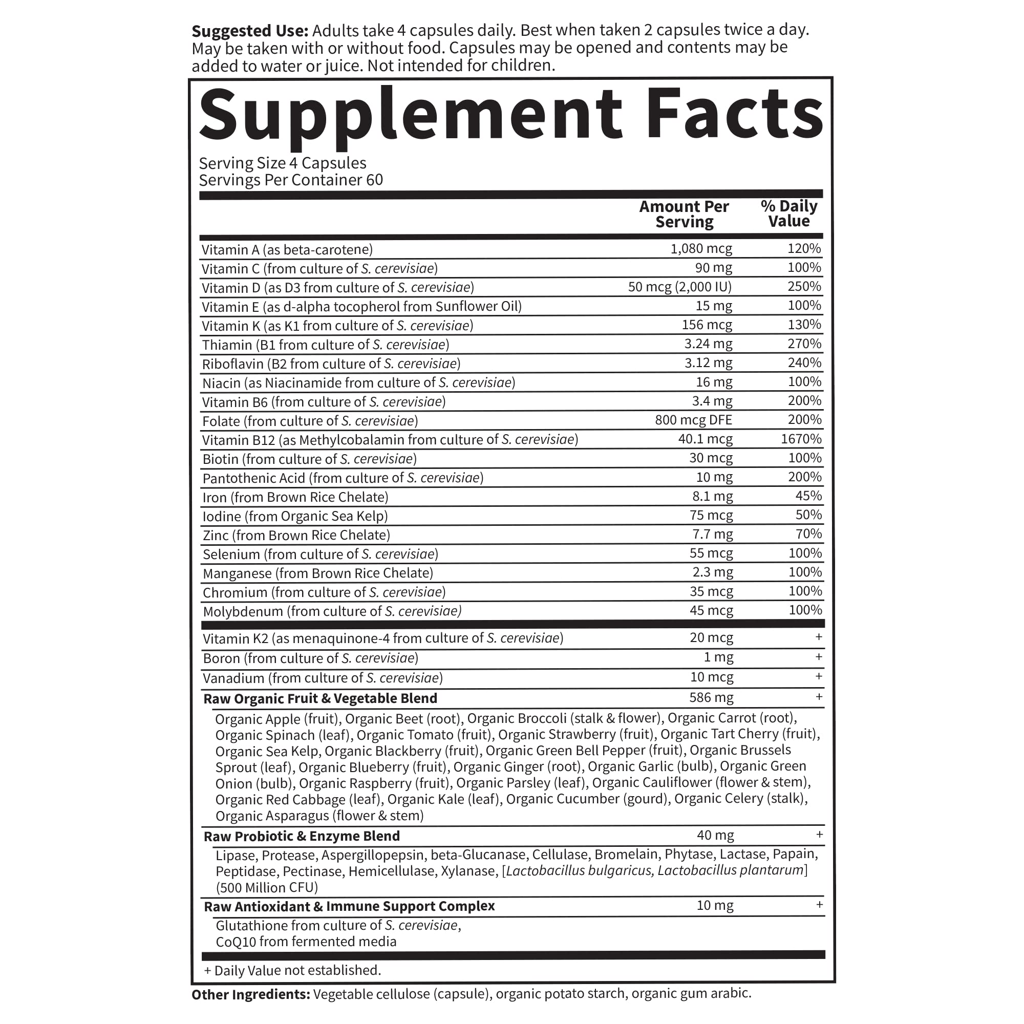 Garden of Life Vitamin Code Women ingredients chart highlighting raw fruits and probiotics