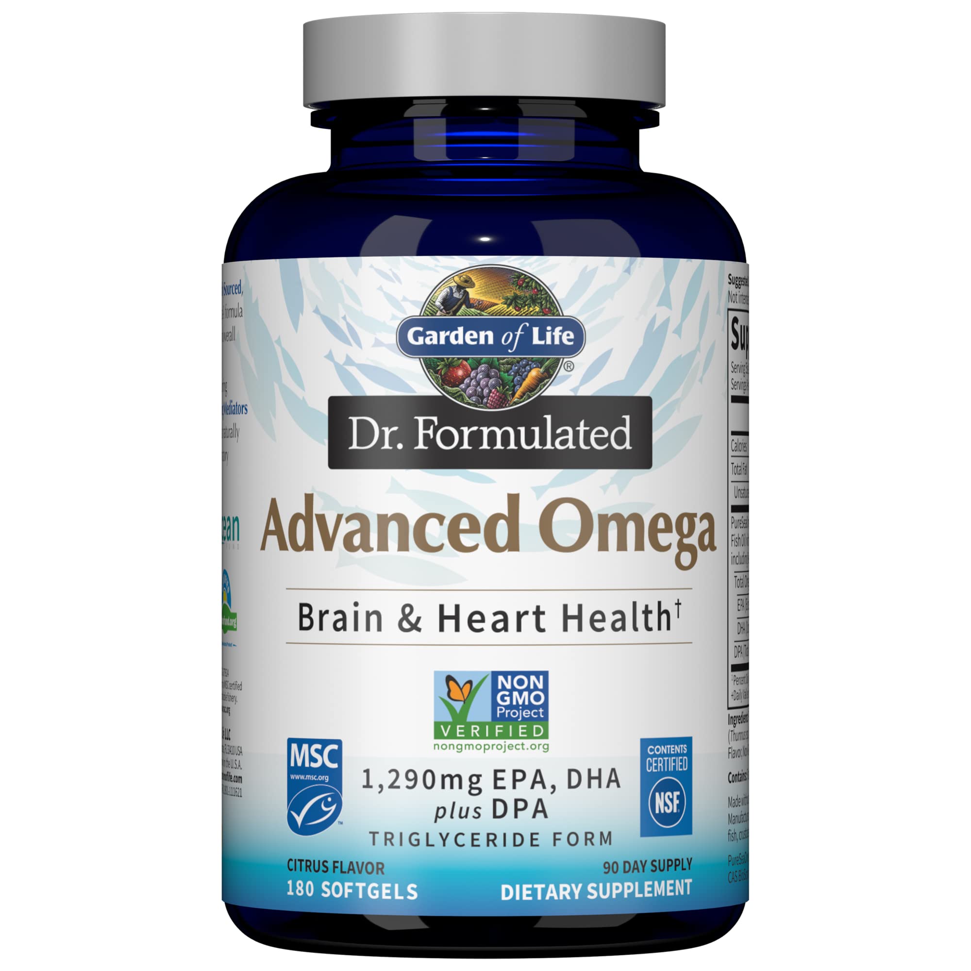 Garden of Life Advanced Omega bottle with lemon label supports heart and brain health.