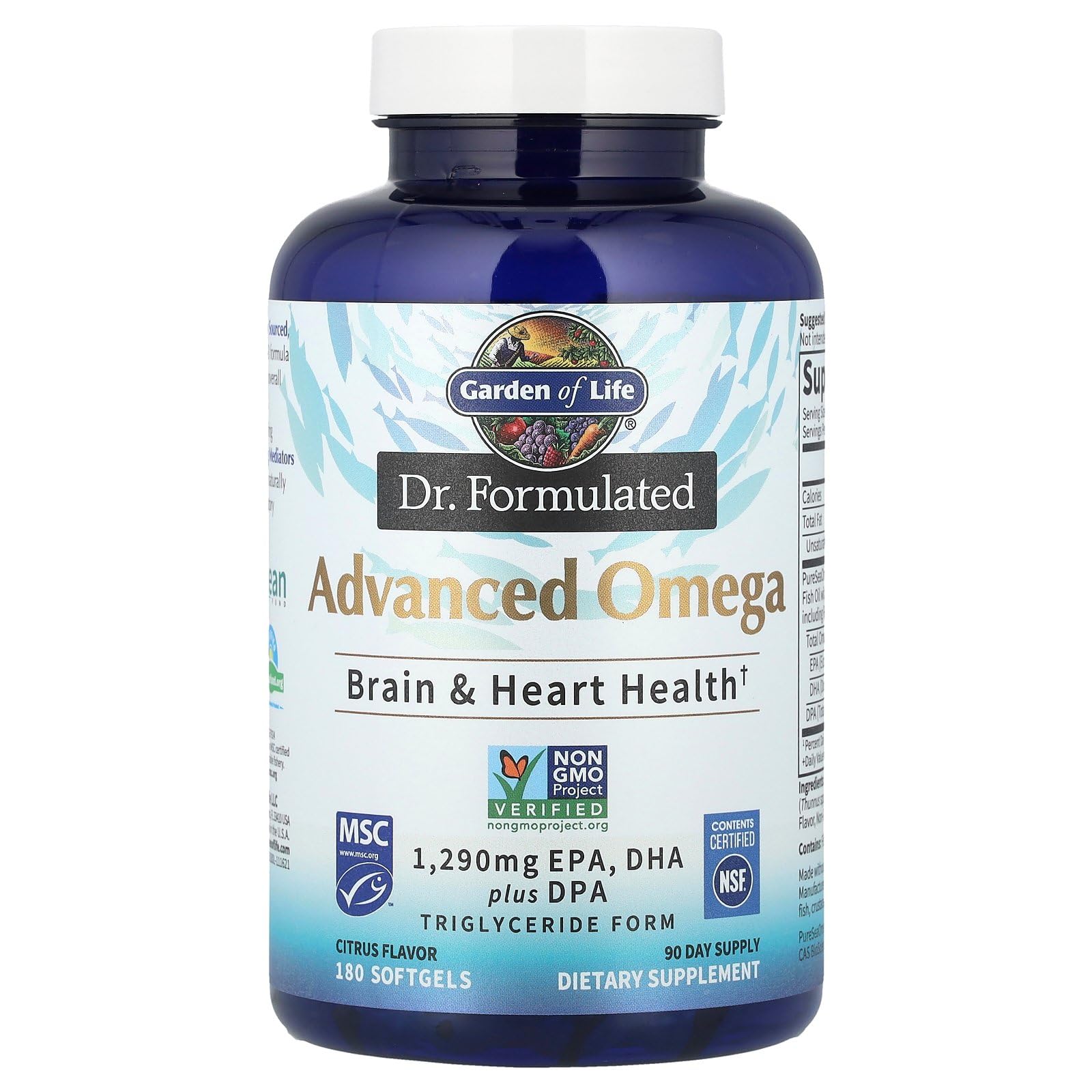 Graphic showing two softgels per serving for daily intake of Advanced Omega.