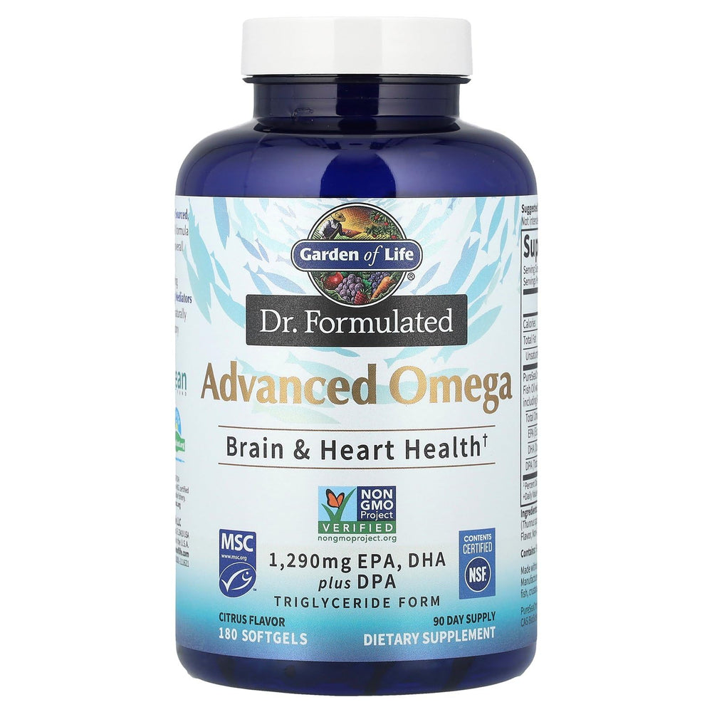 Graphic showing two softgels per serving for daily intake of Advanced Omega.