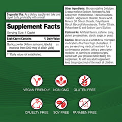 Garlique bottle and label showcase 60 caplets of vegan, odor-free garlic support.
