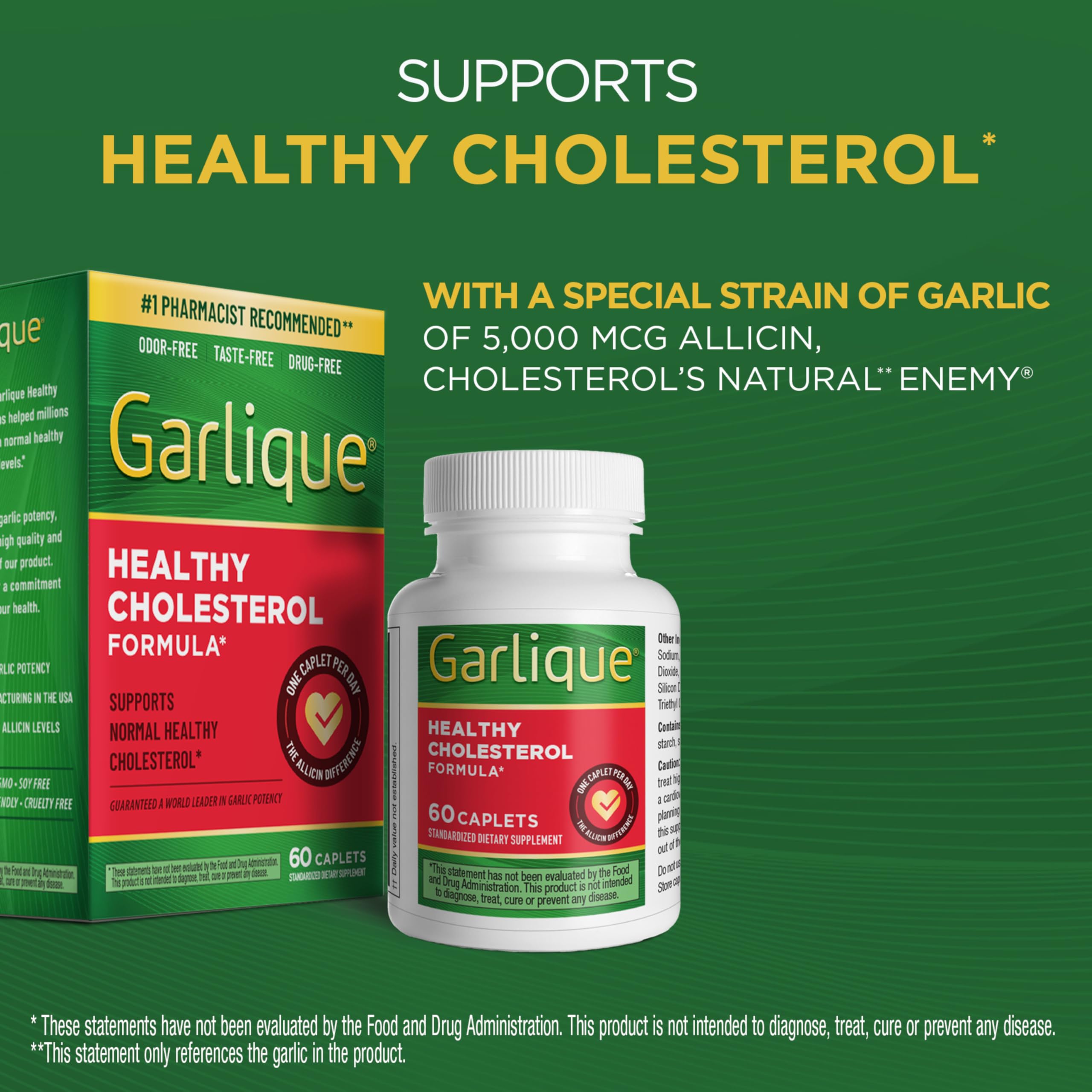 Garlique caplets close-up highlighting high allicin potency in each pill.
