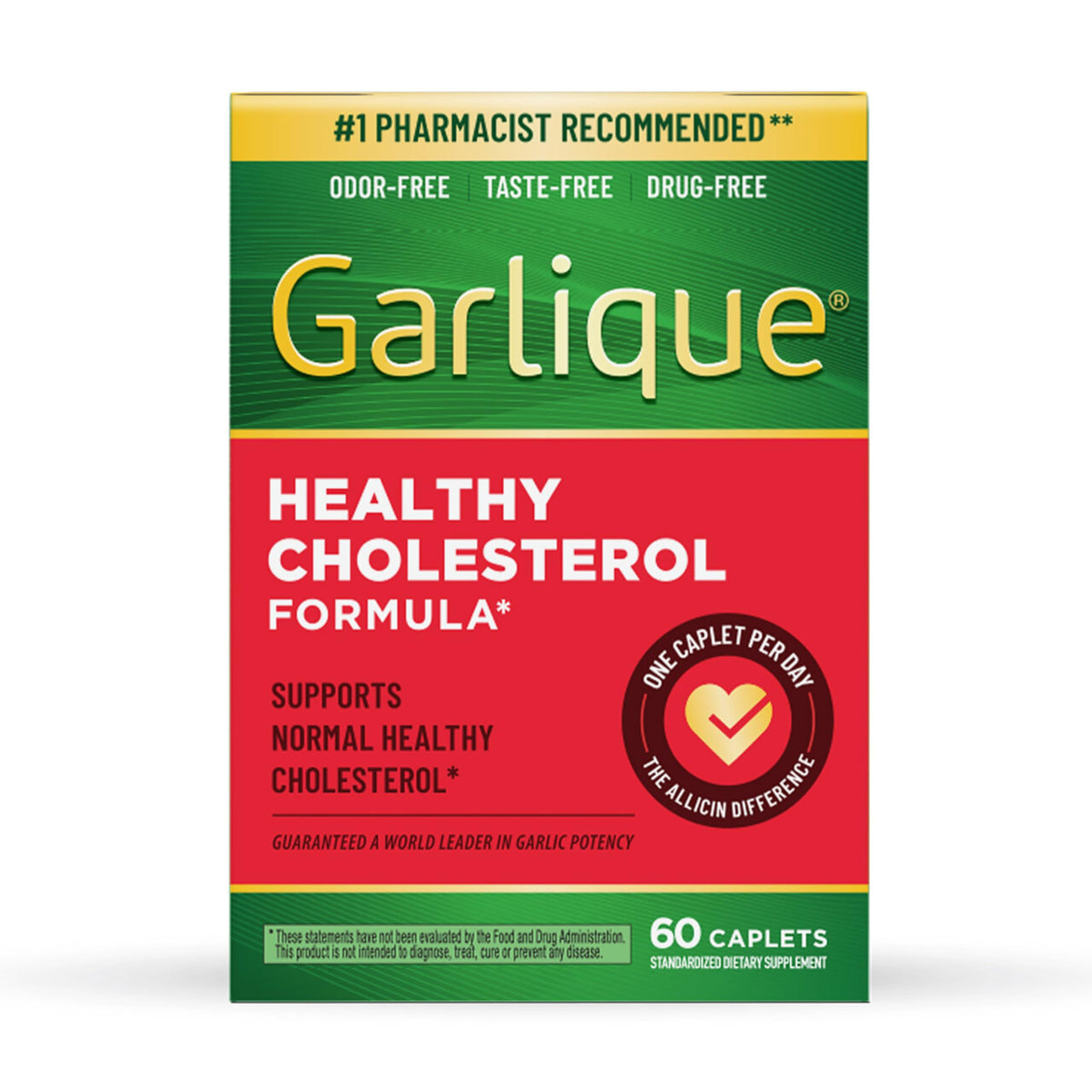 Garlique odorless caplets in a bottle illustrate easy daily use for cardiovascular support.