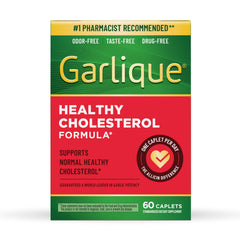 Garlique odorless caplets in a bottle illustrate easy daily use for cardiovascular support.