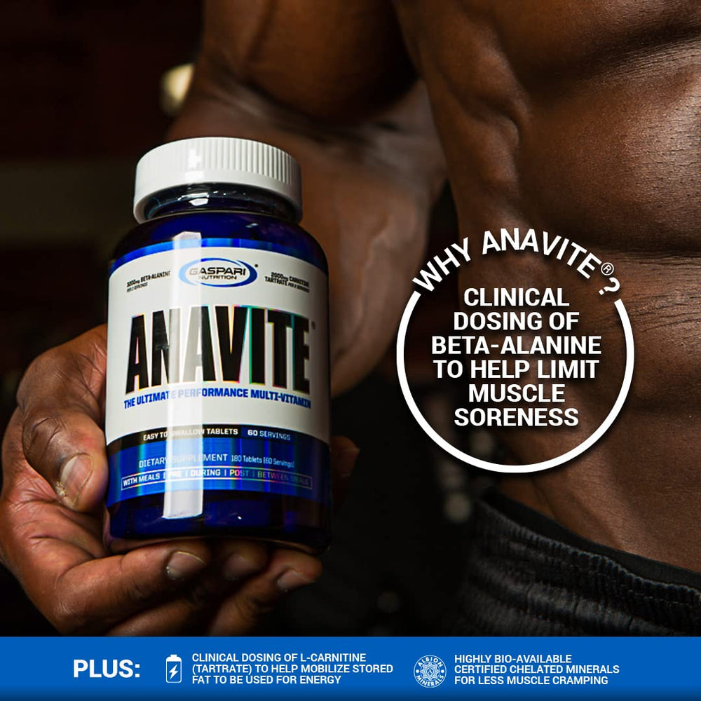 Gaspari Anavite tablets-closeup emphasizing L-Carnitine and beta-alanine ingredients.