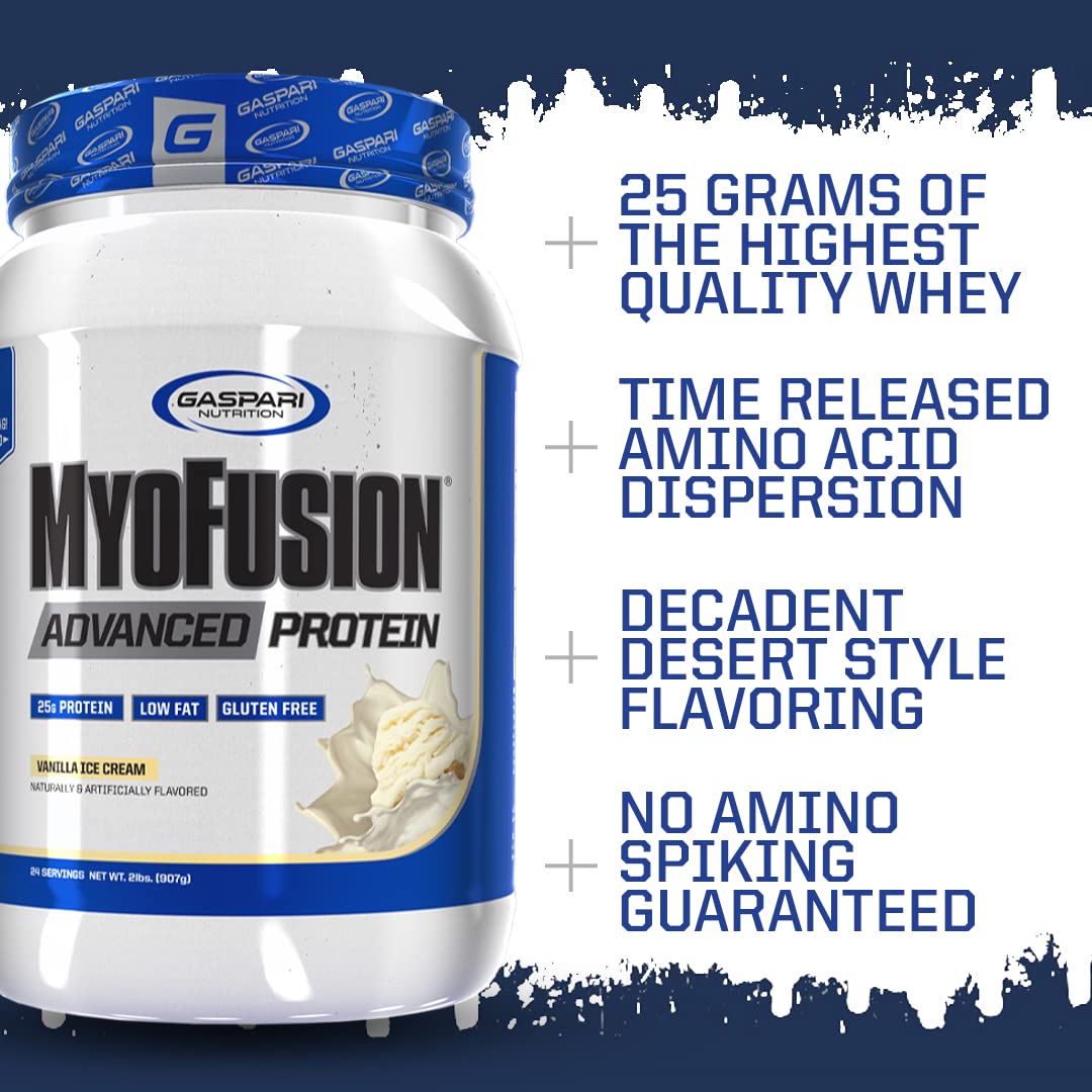 Gaspari Nutrition Myofusion Advanced Protein glass with vanilla swirl shows smooth texture