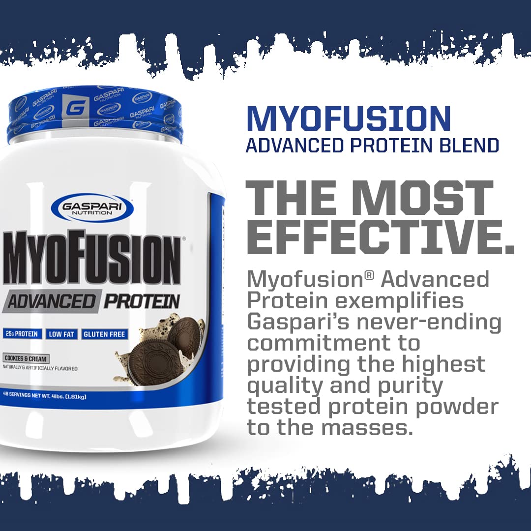 Gaspari Nutrition Myofusion Advanced Protein scoop pour demonstrates quick shake prep