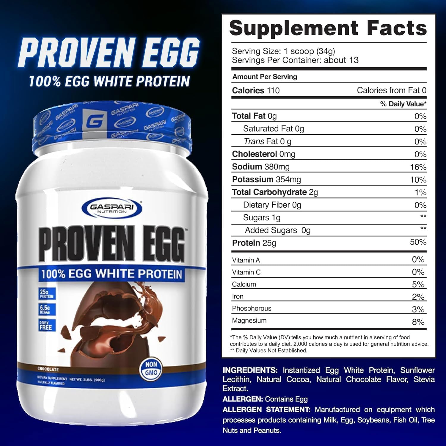 Gaspari Nutrition Proven Egg bottle side label highlights dairy-free, lactose-free protein for sensitive diets.