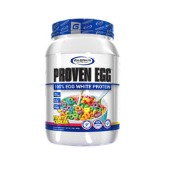 Gaspari Nutrition Proven Egg Fruity Cereal tub shows clean egg white protein for daily nutrition.