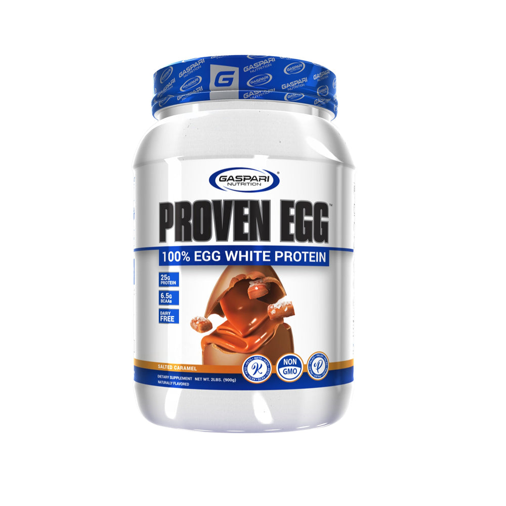 Gaspari Nutrition Proven Egg tub front showing keto friendly, dairy free formula for athletes.