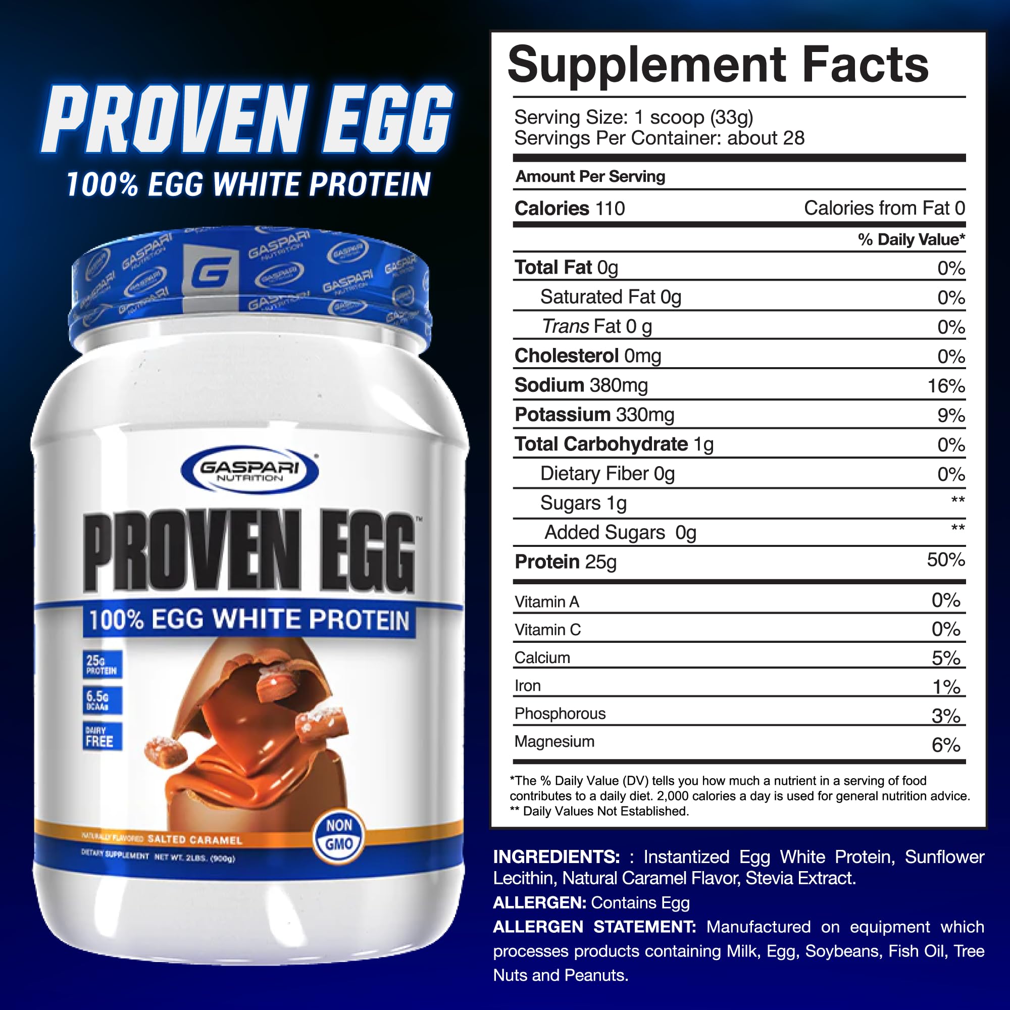 Gaspari Nutrition Proven Egg tub side panel with nutritional facts and protein content.