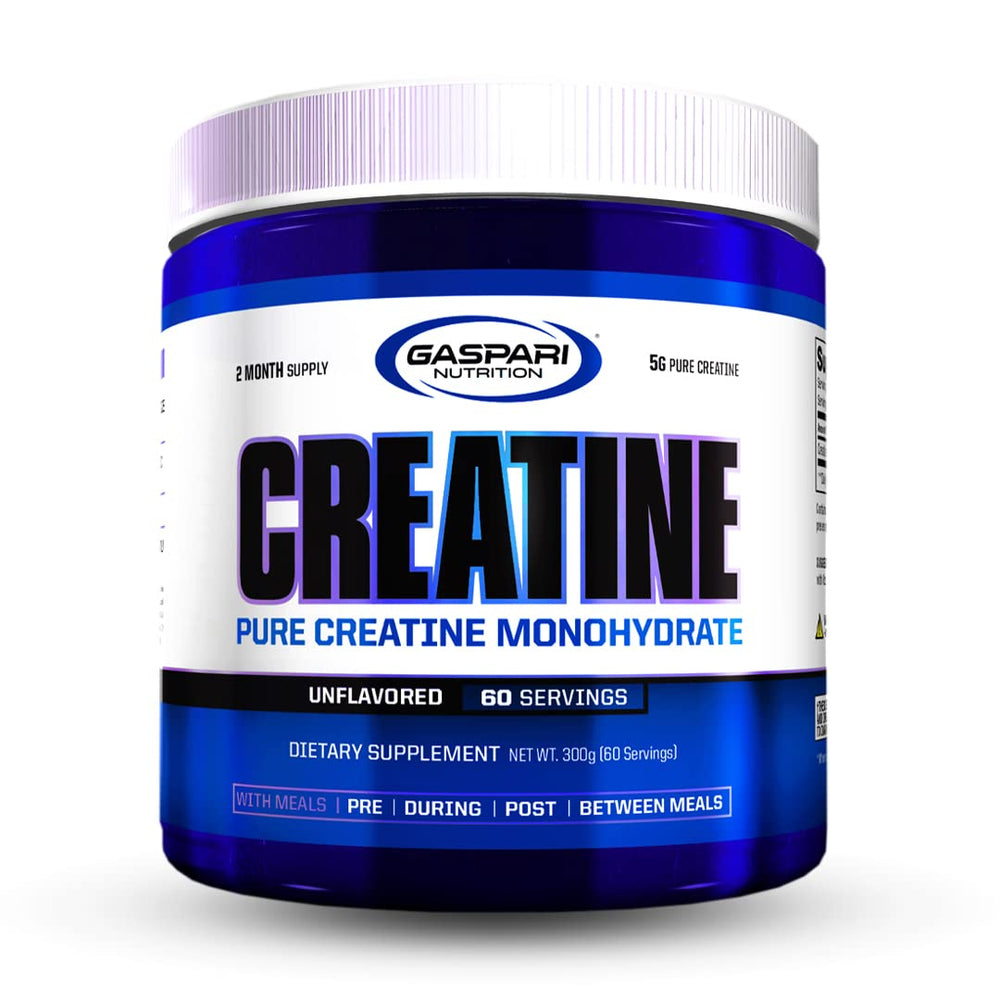 Gaspari Nutrition Pure Creatine Monohydrate front jar showcasing unflavored formula for strength support