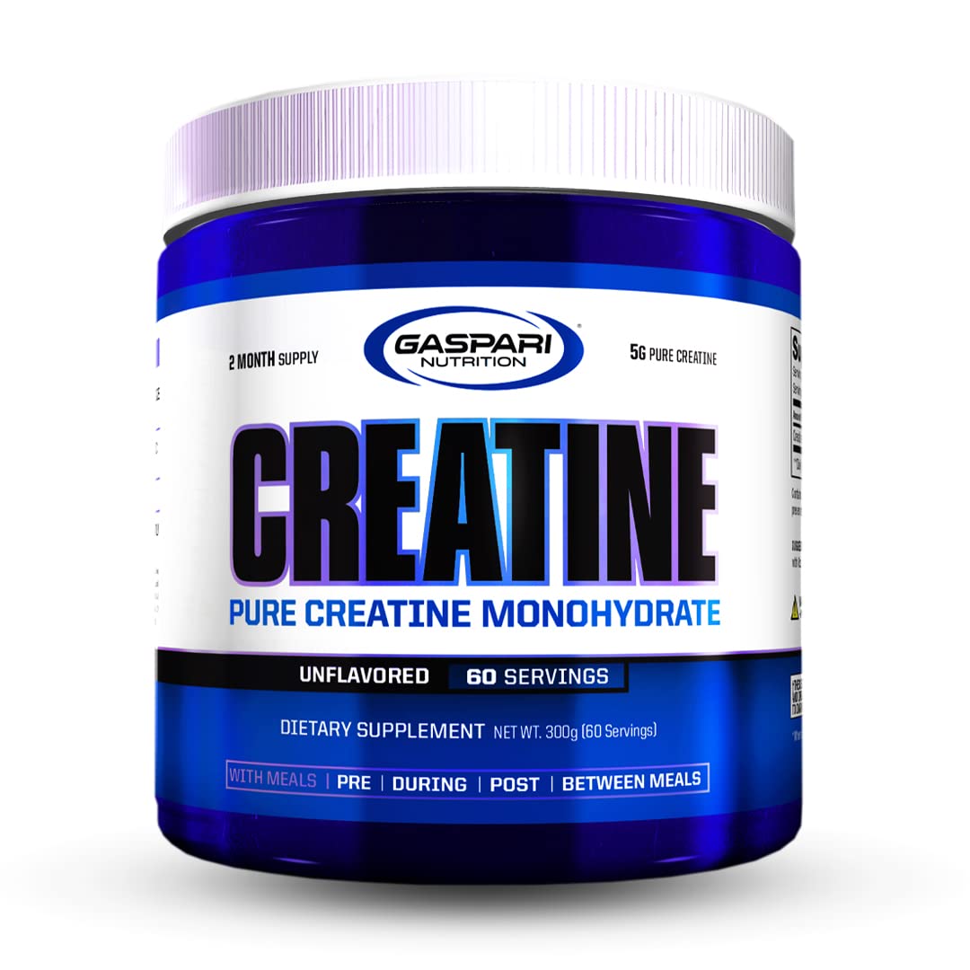 Gaspari Nutrition Pure Creatine Monohydrate front jar showcasing unflavored formula for strength support