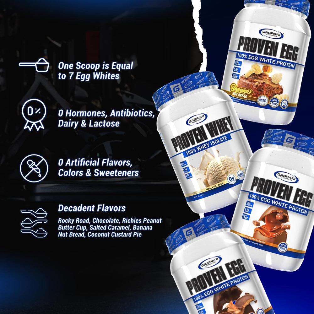 Gaspari Proven Egg nutrition panel emphasizes high protein per serving.