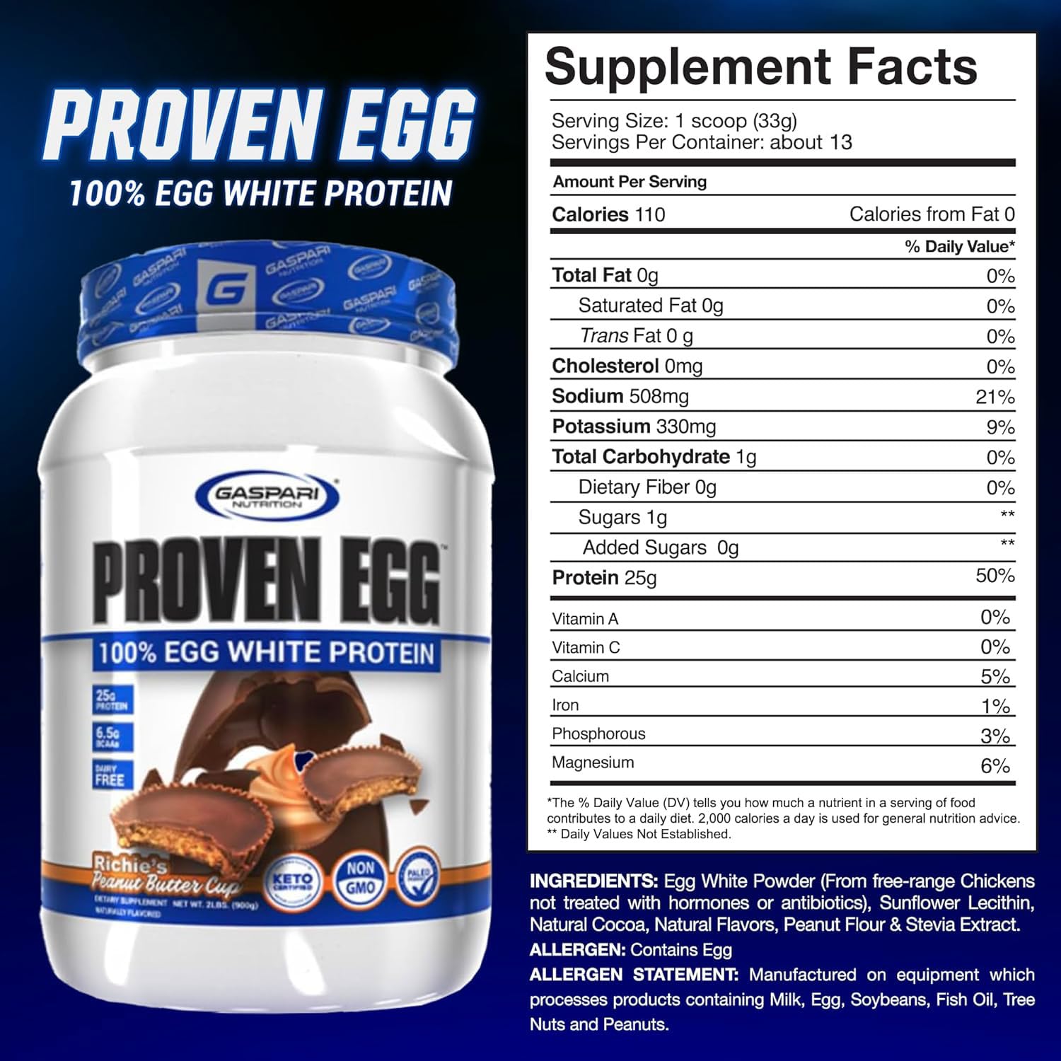 Gaspari Proven Egg scoop resting on powder indicating easy serving and mixability