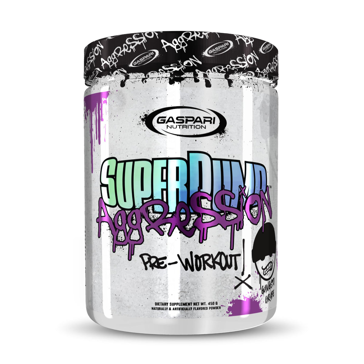 Gaspari SuperPump Aggression tub label with Gangsta Grape for focused pre-workout energy