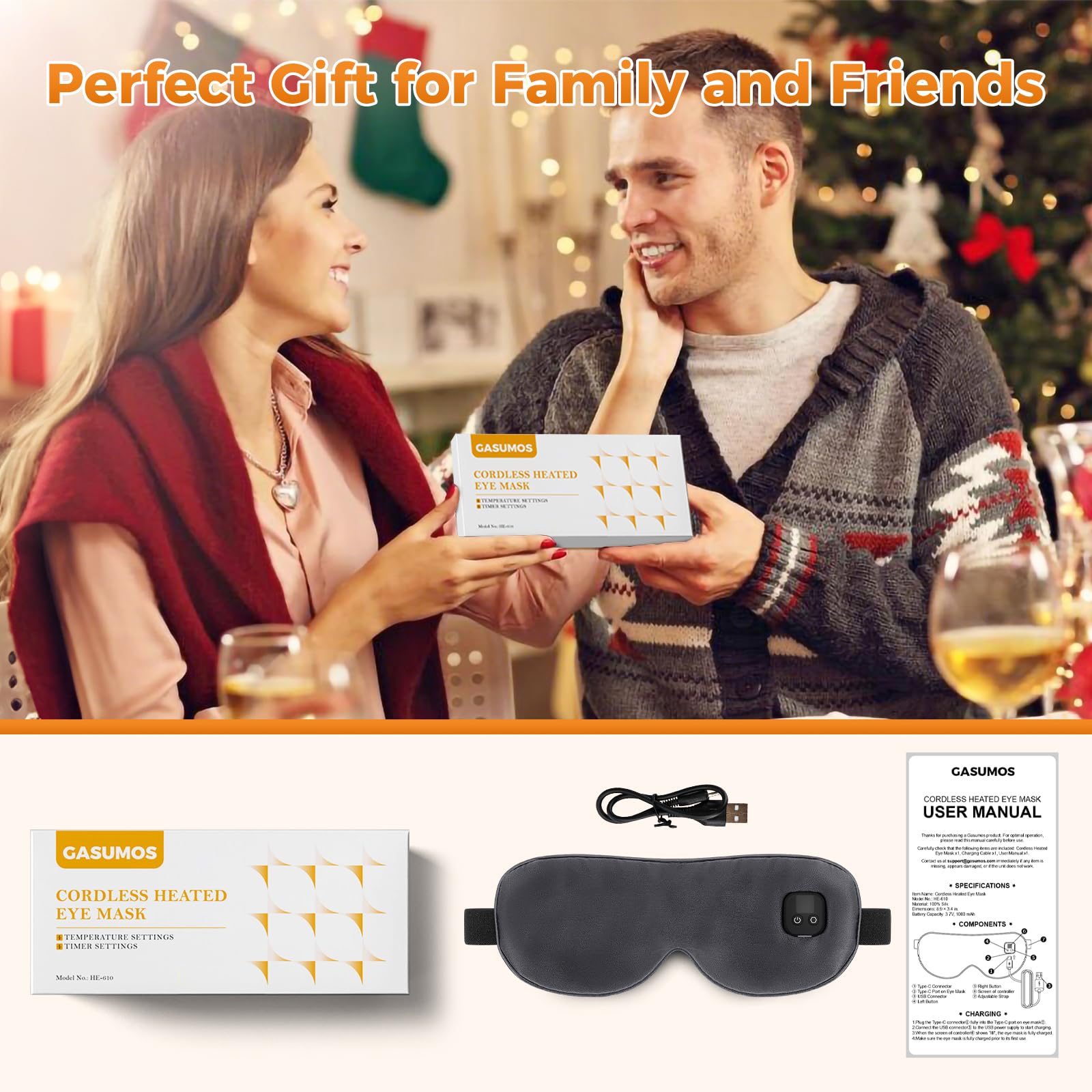 Gasumos Silk Heated Eye Mask packaging illustrates compact design for everyday use.